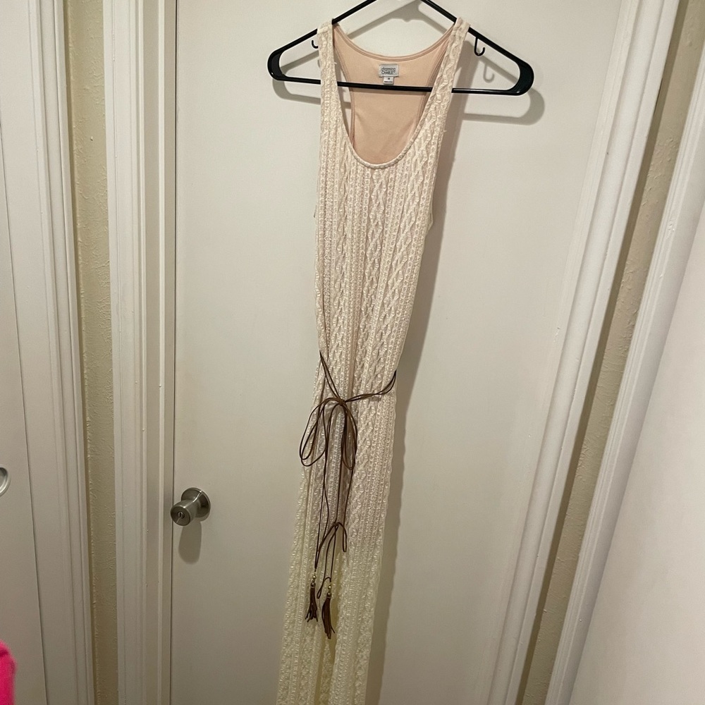 Charming Charlie Cream White Lace Racerback Boho Maxi Dress with Sash